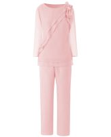 【YF】 Solovedress Pink bow-knot Mother of the Groom Dress Pantsuits Womens Chiffon 2 Pieces Pant Set Suit Formal Wedding Tiered Top