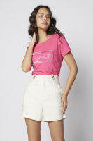 f.fashion เสื้อทีเชิ้ตทรงสลิมแต่งคริสตัล ผู้หญิง สีชมพู | Crystal Decor Slim Tee Shirt | 6211