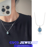 COCOJEWELRY สร้อยคอเงินมูนสโตนสีน้ำเงินทะเลธรรมชาติสำหรับผู้หญิงสร้อยห่วงโซ่ลายกระดกงูจี้รูปไข่สำหรับผู้หญิง