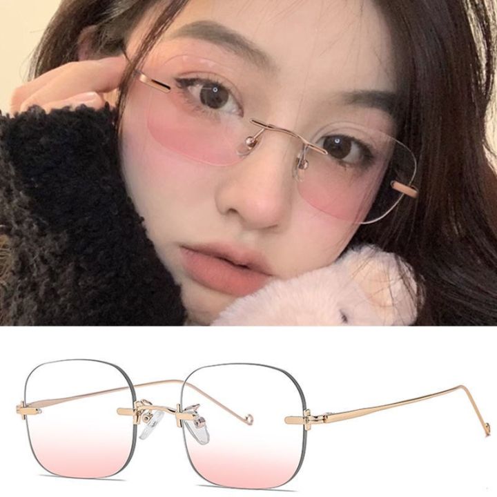 เกาหลี-anti-blue-light-square-แว่นตาสำหรับผู้หญิง-rimless-แว่นตา-blush-eyewear