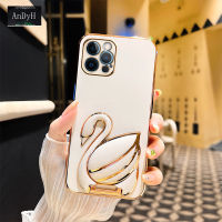 AnDyH Phone case For iPhone 6 7+ X XR 11 12Mini 13 13Pro 14 14Pro Max Case New 3D Swan Retractable Stand Phone Case Plating Soft Silicone Shockproof Casing Protective Back Cover