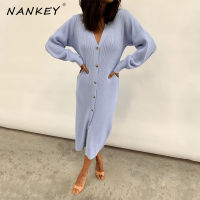 NANKEY V-neck Maxi Knitted Dress Spring Oversize Elegant Button Up Womens Knitwear Oversized Solid Loose Long Dresses Robe