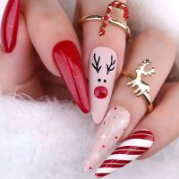 24 Pcs Glossy Long Stiletto Press On Nails Red Christmas Glitter Fake Nails With Cute Pattern Reusable False Nails fenguhan