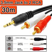 สายลำโพง ยาว 30m 3.5mm Jack Aux to 2 RCA Audio Video Cable Stereo Y Splitter Cable AV Adapter 2RCA Cord Wire For PC DVD TV VCR Speakers Camera