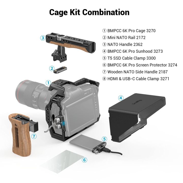 clearance-promotion-smallrig-camera-cage-ชุดอุปกรณ์เสริมสำหรับ-bmpcc-6k-pro-6k-g2-ที่มีมือจับด้านบนด้ามไม้ด้านข้าง-hdmi-เคเบิ้ลหนีบ-ssd-หนีบ-sunhood-นาโตรถไฟป้องกันหน้าจอสำหรับ-bmpcc-6พัน-pro-6พัน-g2-