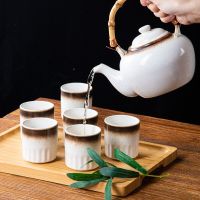 portable side handle large Teapot Japanese style restaurant Set ceramic single pot tea making machine jug with bamboo handle