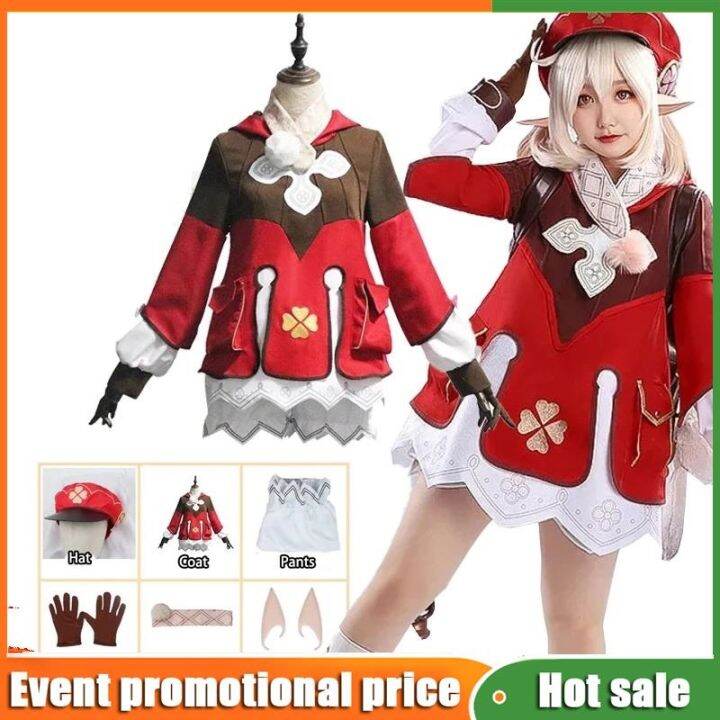 Anime Genshin Impact Klee Cosplay Costume Loli Red Cute Dress Sock ...