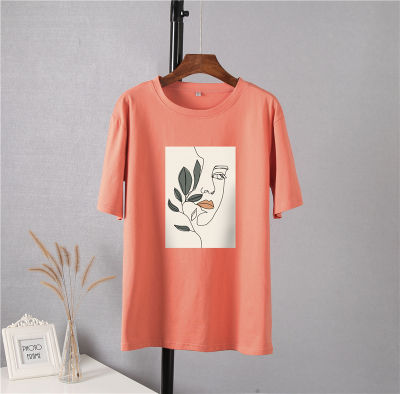 Hirsionsan Abstract Print T Shirt Women Summer New Oversized 100 Cotton Tees Casual Loose Aesthetic Tshirt O Neck Khaki Tops