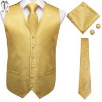 Luxury Gold Silk Mens Suit Vests Neck tie Hanky Cufflinks Set Slim Fit Brand Male Waistcoat for Wedding Sleeveless Gilet Homme