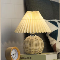 Pleated Rattan Table LED Lamp Living Room Table Standing Lamp Study Desk Lights Bedside Home Office Decoration Night Light