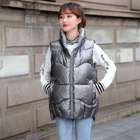 Womens Shiny Autumn Winter Puffer Vest Solid Casual Ladies Sleeveless Jacket Zipper Stand Collar Waistcoat for Female