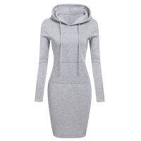 Dress Hoodie เสื้อกีฬาแบบสวมศีรษะยาวกระเป๋าผู้หญิงสีทึบฤดูหนาวฤดูใบไม้ร่วง