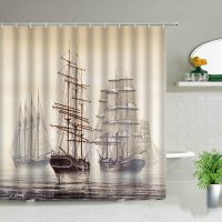 【Bathroom sale】 SailboatBathroom ม่านอาบน้ำ Sea NavigationCurtain SetPrinting อ่างอาบน้ำตกแต่งบ้านด้วยตะขอ