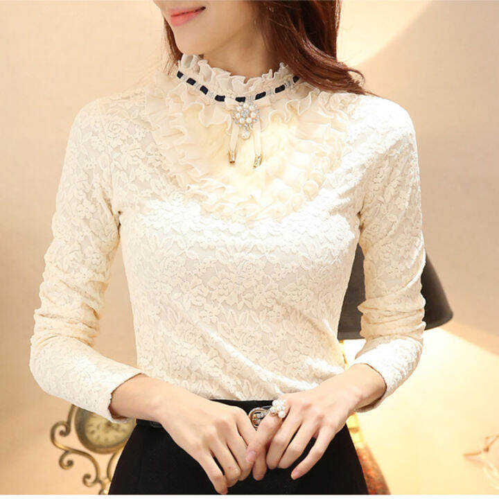 2020-new-ruffle-pearl-women-blouse-lace-white-office-lady-thick-fleece-shirts-elegant-solid-slim-sexy-bottoming-shirts-tops