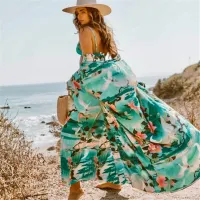 --D0512 Europe and the United States hot style printed rayon on green cranes beach blouse sexy bikini smock; loose vacation is prevented bask in unlined upper garmen