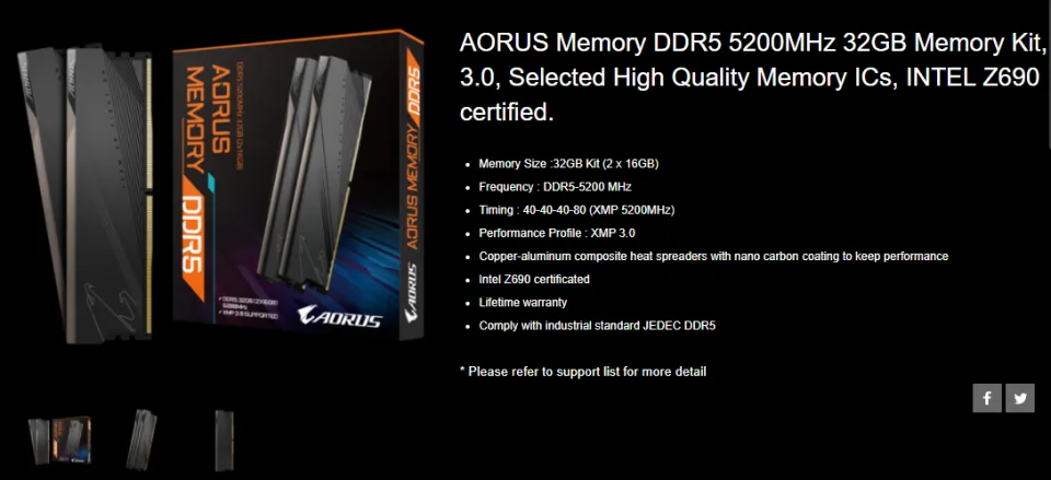 Gigabyte Aorus Memory - 32GB (2x16GB) 5200MHz DDR5 Memory Kit (GP