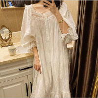 Women Cotton Sleepwear White Loose Mid-Calf Long Home Dress Spring Autumn Full Sleeves Nightwear Princess Vintage Nightgowns