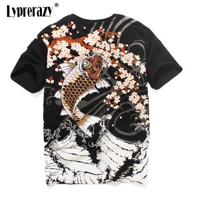 Lyprerazy Japanese Harajuku Ukiyoe Carp Fish Embroidered T-shirt Mens Embroidery Short-sleeve Vintage T Shirt