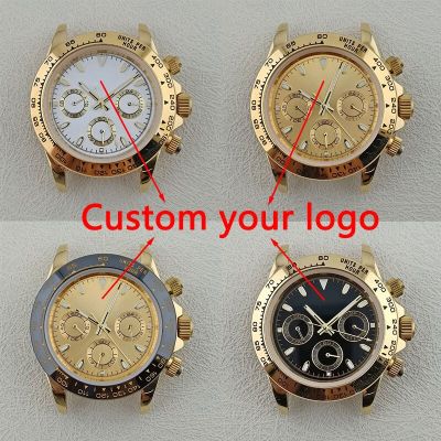 Gold 39.5Mm Watch Case Fit VK63 Movement Custom Logo Dial Sapphire Glass Stainless Steel Watch Accessories Parts