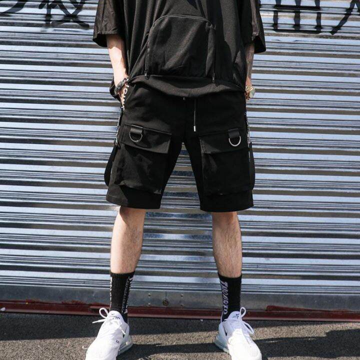 summer-national-tide-letter-printing-ribbon-decoration-mens-casual-pants-multi-pocket-overalls-harajuku-style-five-point-shorts