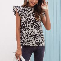 Ladies High Neck Petal Sleeve Leopard Print Fashion Tops Picture Color