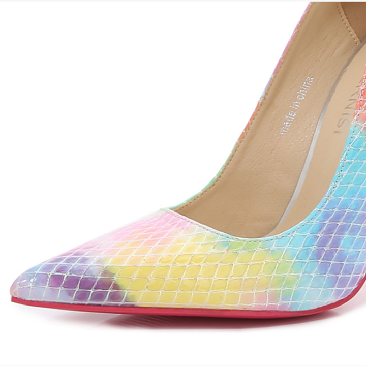 รองเท้าส้นสูงซุปเปอร์11ซม-สำหรับผู้หญิงรองเท้าส้นเตี้ยสีสันสดใสปลายแหลมสีรุ้ง46-36ชิ้นกันลื่นสีชมพู