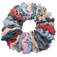 Women Vintage Hair Scrunchie Pack Dot Plaid Rope Girls Elastic Band Ponytail Holder Striped Rubber Band Accessories Chiffon Bulk