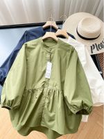 Uniqlo 2023 Autumn New Japanese Lantern Sleeve Shirt Three Quarter Sleeve Ruffle Pleated Casual Top Women