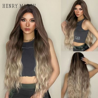 【LZ】▣  HENRY MARGU Long Curly Wig for Women Afro Ombre Brown Blonde Ash Middle Part Synthetic Wig Cosplay Party Heat Resistant Fake Hai