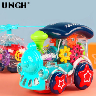 UNGH การ์ตูนเกียร์รถไฟเฮลิคอปเตอร์ปัญญาเด็กไฟฟ้าสากลล้อรถที่มีเพลงแสงเด็กของเล่นเด็กสีสุ่ม