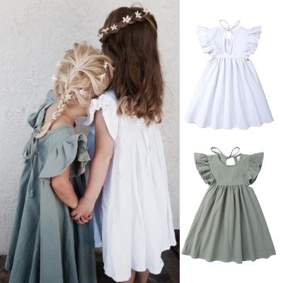 〖jeansame dress〗0-6Y เด็กวัยหัดเดินเด็กเด็กสาวฤดูใบไม้ร่วงชุด Ruffles แขนผ้าฝ้ายที่เป็นของแข็งผ้าลินินพรรคชุดลำลองเสื้อผ้า