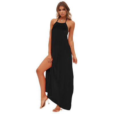 Women Summer Fashion Cotton Boho Long Maxi Dress Split Beach Dress Sexy Halter Neck Solid Color Backless Dress