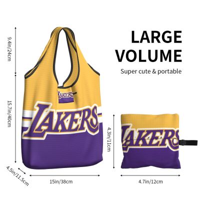 LA Lakers กระเป๋ากระเป๋าโททเป็นมิตรกับสิ่งแวดล้อมกระเป๋าช้อปปิ้งใช้ใหม่ได้พับได้,กระเป๋ารีไซเคิลกันรอยฉีก