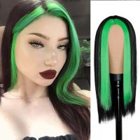 Synthetic Wig Fashion Long Black Straight Hair Wig Highlighting Green Hair For Girls with Cosplay Wig Wig  Hair Extensions Pads