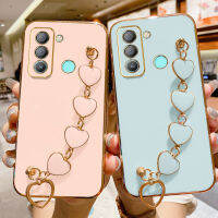 เคสสำหรับ Tecno Pop 5 Lte/tecno Pova 2เคสพร้อมห่วงโซ่สร้อยข้อมือรูปหัวใจแห่งความรักกรอบสี่เหลี่ยมเคลือบ6D แวววาวกรอบซิลิโคน Casing Ponsel ด้านหลังเคสมือถือสำหรับเด็กผู้หญิง