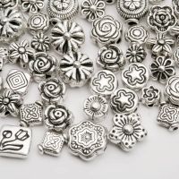 (70-80 pcs)Mix Size Metal Beads Silver Plated Flower Spacer Beads For Jewelry Making DIY Bracelet 4.8mm-10mm Hole Beads