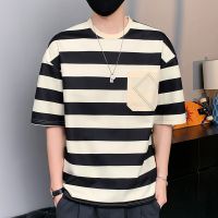 Stripe T-shirt mens summer wind tide loose popular logo port 2023 adolescent students men round collar short sleeve T-shirt --ntx230801❀