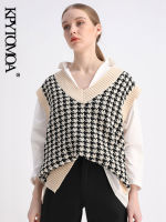 KPYTOMOA ผู้หญิงแฟชั่นขนาดใหญ่ Houndstooth ถักเสื้อกั๊กเสื้อกันหนาว Vintage แขนกุดด้านข้าง Vents หญิง Waistcoat Chic Tops