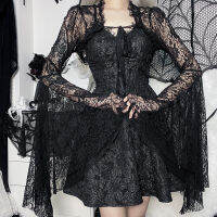 Vintage Gothic Black Lace เสื้อยืดผู้หญิง Streetwear Flare แขนดูผ่านเซ็กซี่ Smock Top Elegant Aesthetic Cropped Tops