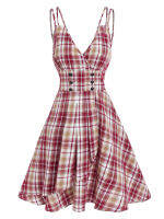 Button Plunge Plaid Mini A Line Dress Flared Low Cut Plunging Neck Dresses Spring Summer 2022 New M~3xl