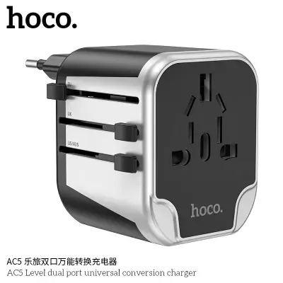 [เหลือ 253]Hoco 2022 AC5 Travel Charger ชุดหัวชาร์จปลั๊กแปลงแรงดันไฟฟ้าทั่วโลก Universal Converter Charger 2 USB