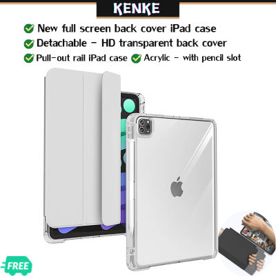KENKE เคส iPad ใหม่ ฝาหลังเต็มจอ รางเลื่อนดึงออกได้ เคสอะคริลิกใสและใส สำหรับ ipad 2022 m2 pro 11 ipad 10 รุ่น 2020 ipad air 4 air 5 ipad gen 7 8 9 pro 11 2021 case พร้อมช่องใส่ดินสอ ป้องกันการหักงอ ไฮเอนด์ เรียบง่าย