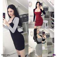 P8185  	เดรสคอเหลี่ยมทูโทนเข้ารูป  Two-tone square neckline dress