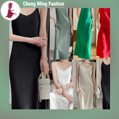 Cheng Ming ชุดเดรสแขนกุดสำหรับผู้หญิงกระโปรงสั้นทรงสลิมฟิตมิ่งคอวีลึกเข้าชุดกระโปรงยาวปานกลางเฉิงเฉิงสีทึบ
