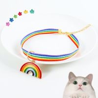 【CW】 Rainbow Striped Nylon Cat Collars Adjustable Puppy Chihuahua Necklace Safety Pets Rabbit Kitten Collar With Rainbow Pendants