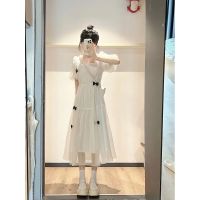 Apricot Square Collar Puff Sleeve Dress Womens Summer Design Sense Niche Bow Tea Break Waist-Slimming Long Dress Mesh Skirt