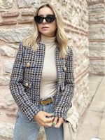 PUWD Women O Neck Multicolor Houndstooth Jacket 2022 Spring Fashion Ladies High Street Coat Female Casual Straight Jacket Top