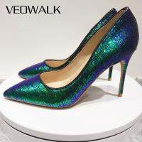 Veowalk Dark Green Women Sparkly Sequins Pointed Toe Stiletto Pumps Sexy Ladies Wedding Party High Heel Shoes Plus Size 3 12