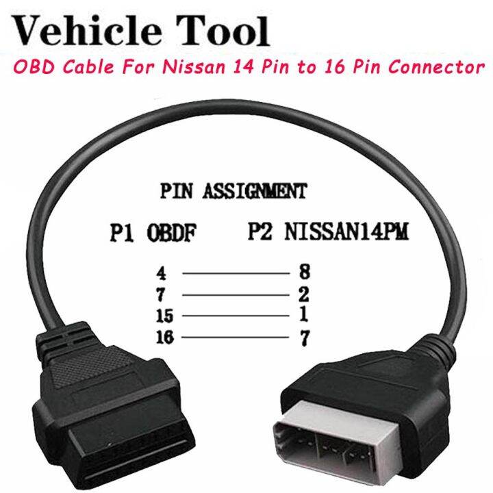 40cm OBD Cable For Nissan 14 Pin Male To 16 Pin Female OBD2 OBDII DLC