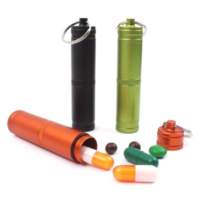 ：“{—— Outdoor Camping Mini Waterproof Bottle Aluminum Alloy Sealed Canister Small Pill Compartment Case Portable Keychain EDC Supplies
